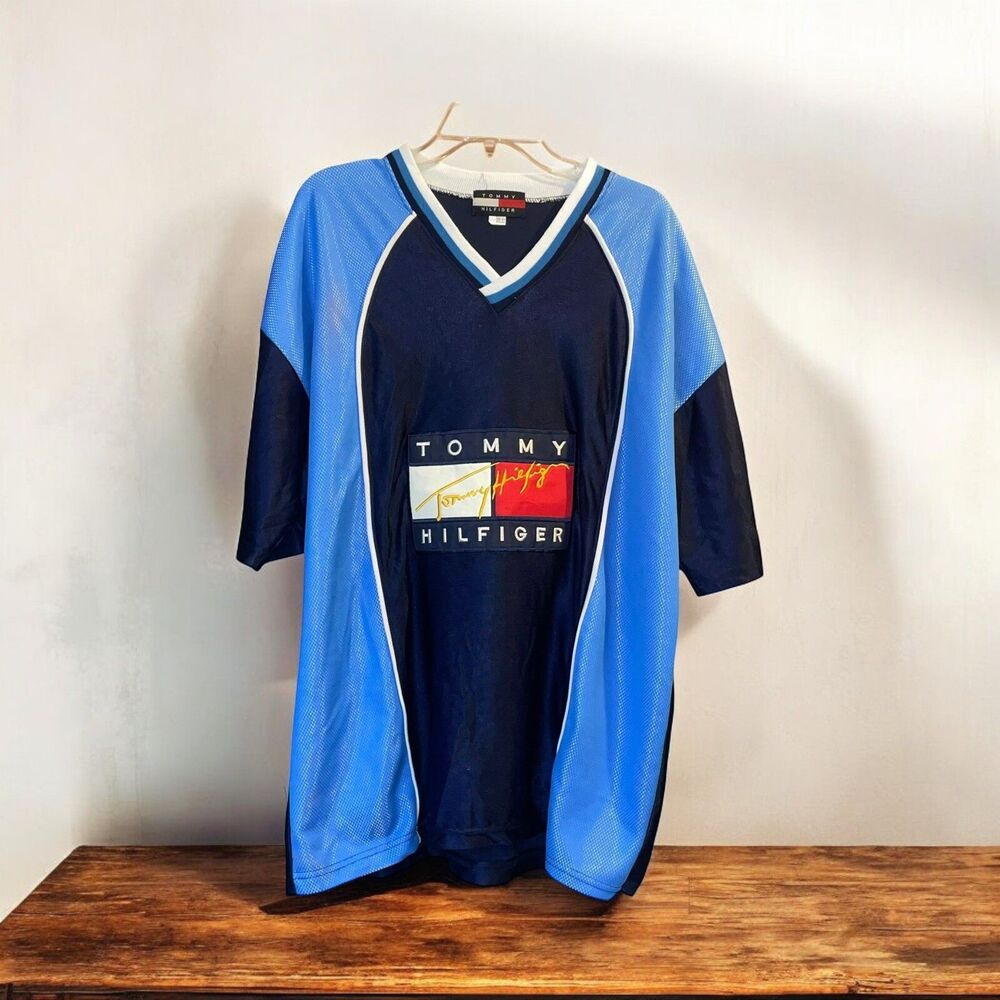 Vtg 90s Tommy Hilfiger Blue Big Logo Short Sleeved Jersey Shirt Made in USA RARE